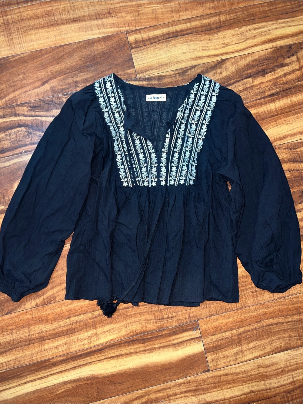 Black Embroidered Peasant Blouse -